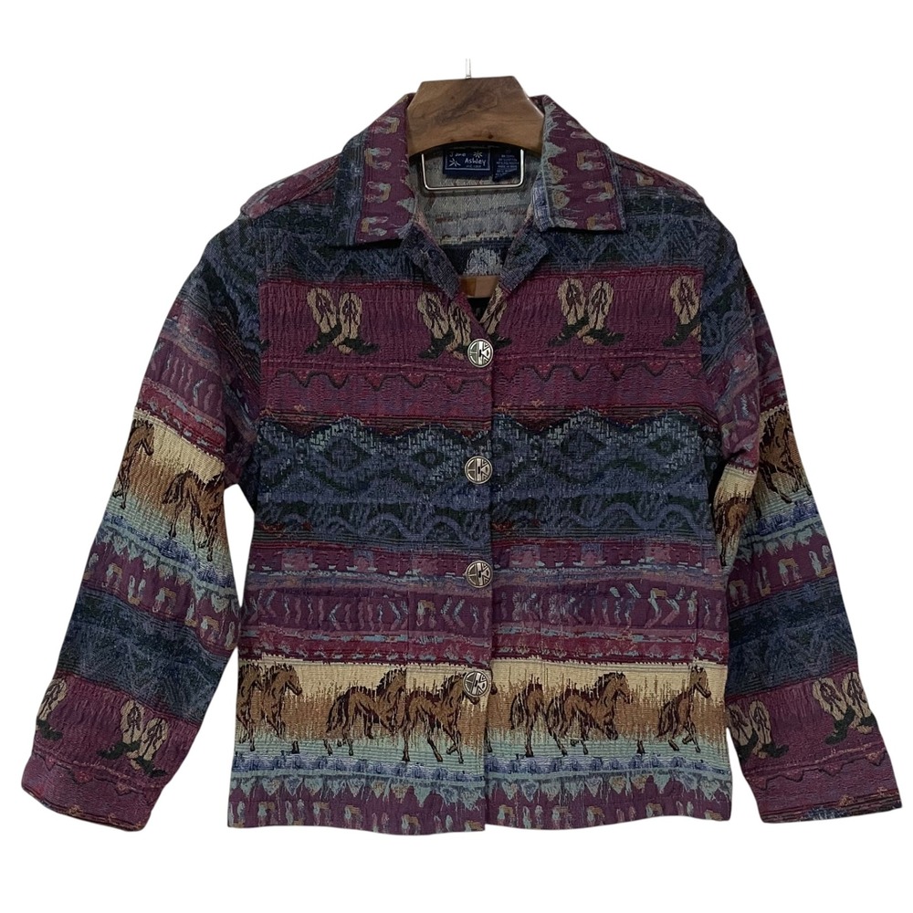 Vtg Jane Ashley Horse Southwestern Cowboy Boot Tapestry Jacket Equestrian Boho M